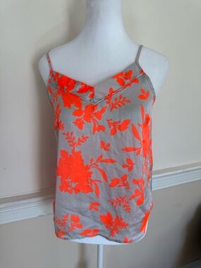 Neon Orange Floral Taupe V-Neck Cami, Size XS